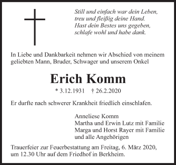 Traueranzeige von Erich Komm von Eßlinger Zeitung/Cannstatter Zeitung