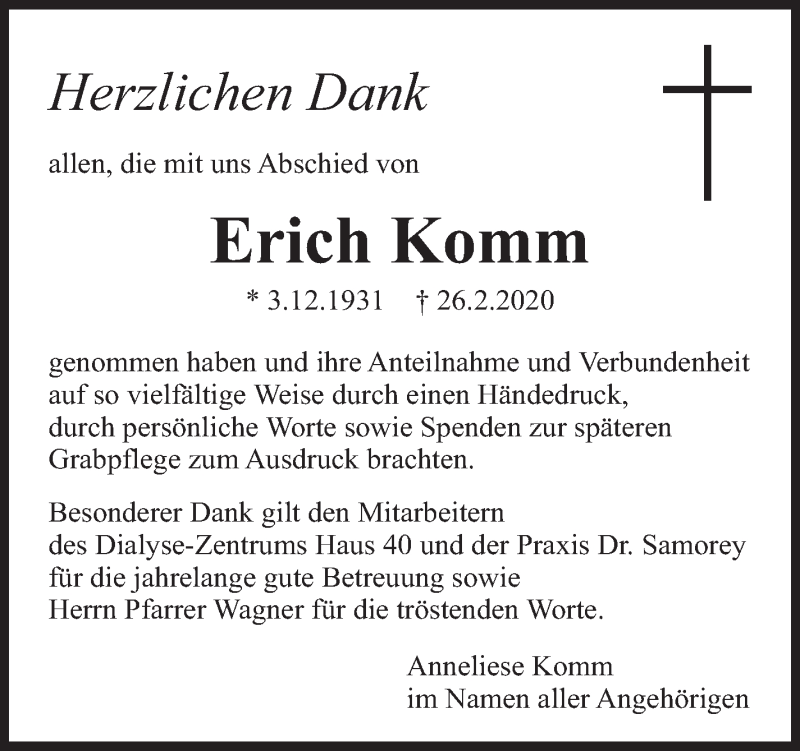  Traueranzeige für Erich Komm vom 16.03.2020 aus Eßlinger Zeitung/Cannstatter Zeitung
