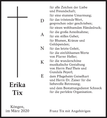 Traueranzeige von Erika Tix von Eßlinger Zeitung/Cannstatter Zeitung