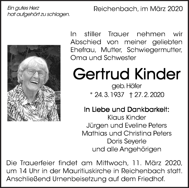  Traueranzeige für Gertrud Kinder vom 07.03.2020 aus Eßlinger Zeitung/Cannstatter Zeitung
