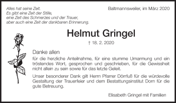 Traueranzeige von Helmut Gringel von Eßlinger Zeitung/Cannstatter Zeitung