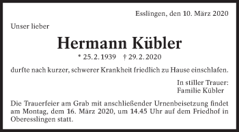 Traueranzeige von Hermann Kübler von Eßlinger Zeitung/Cannstatter Zeitung