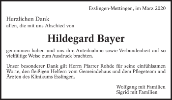 Traueranzeige von Hildegard Bayer von Eßlinger Zeitung/Cannstatter Zeitung