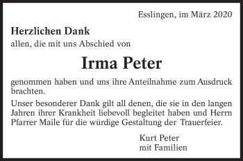 Traueranzeige von Irma Peter von Eßlinger Zeitung/Cannstatter Zeitung