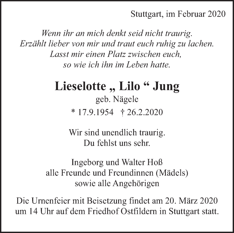  Traueranzeige für Lieselotte Jung vom 17.03.2020 aus Eßlinger Zeitung/Cannstatter Zeitung