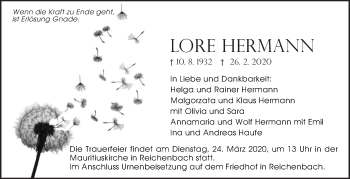 Traueranzeige von Lore Hermann von Eßlinger Zeitung/Cannstatter Zeitung