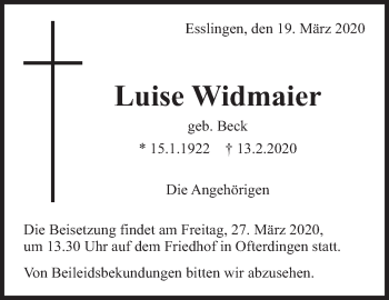 Traueranzeige von Luise Widmaier von Eßlinger Zeitung/Cannstatter Zeitung