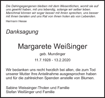 Traueranzeige von Margarete Weißinger von Eßlinger Zeitung/Cannstatter Zeitung