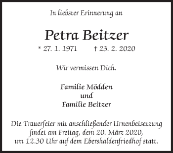 Traueranzeige von Petra Beitzer von Eßlinger Zeitung/Cannstatter Zeitung