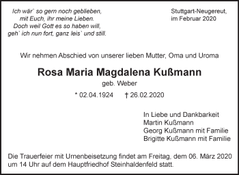 Traueranzeige von Rosa Maria Magdalena Kußmann von Eßlinger Zeitung/Cannstatter Zeitung