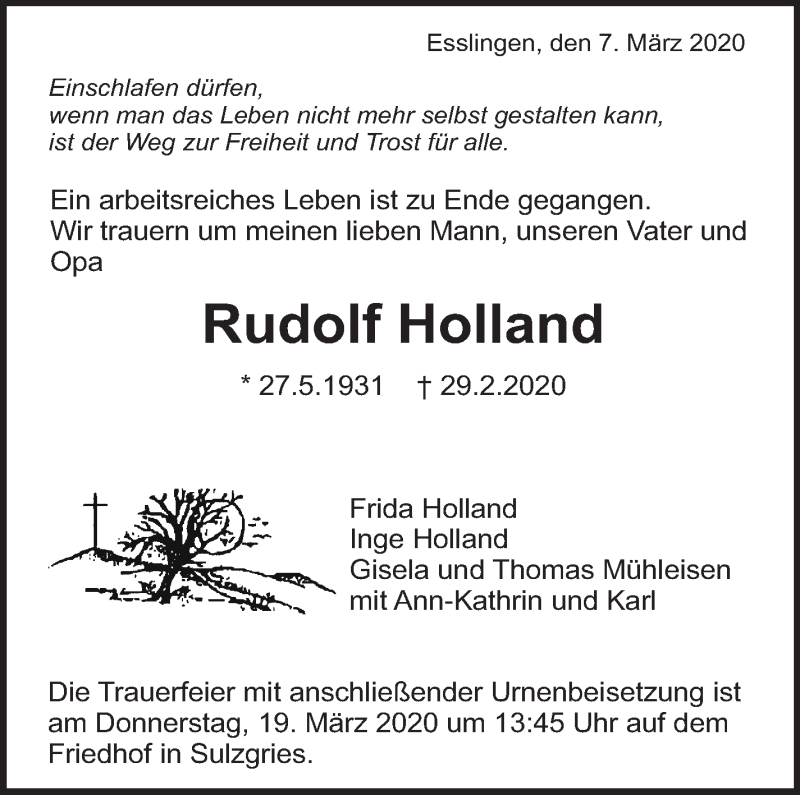  Traueranzeige für Rudolf Holland vom 07.03.2020 aus Eßlinger Zeitung/Cannstatter Zeitung