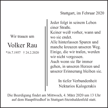 Traueranzeige von Volker Rau von Eßlinger Zeitung/Cannstatter Zeitung