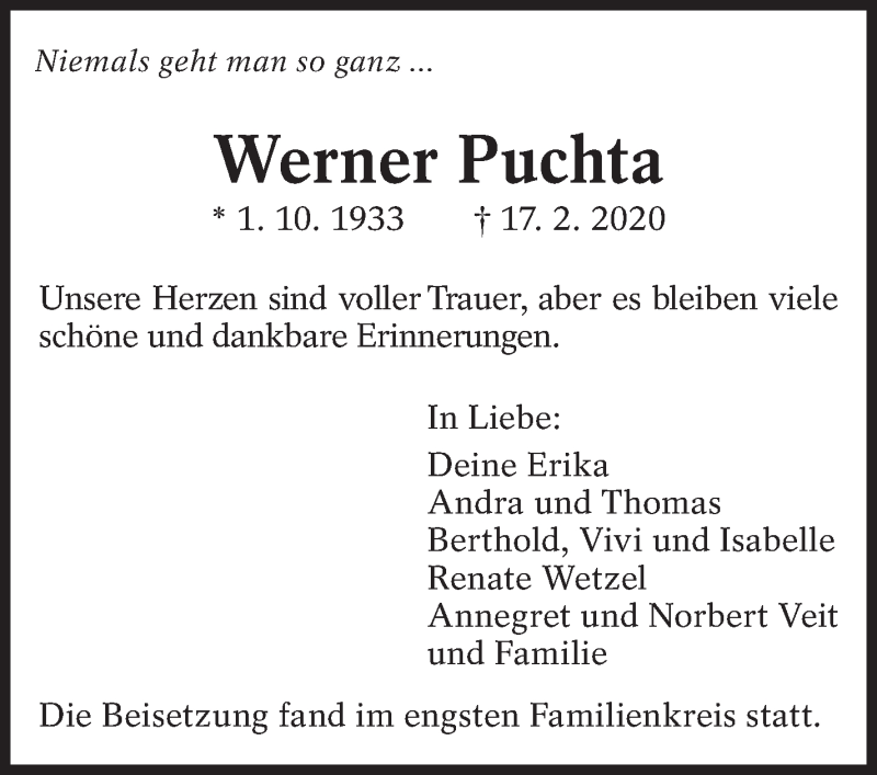  Traueranzeige für Werner Puchta vom 07.03.2020 aus Eßlinger Zeitung/Cannstatter Zeitung
