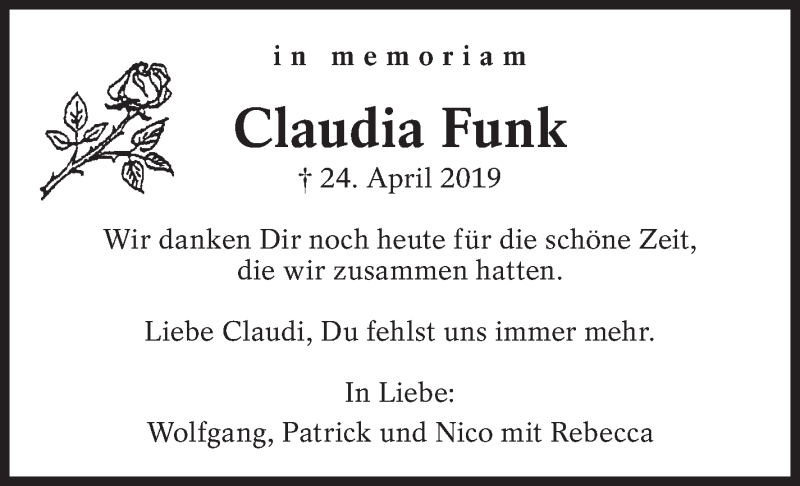  Traueranzeige für Claudia Funk vom 24.04.2020 aus Eßlinger Zeitung/Cannstatter Zeitung