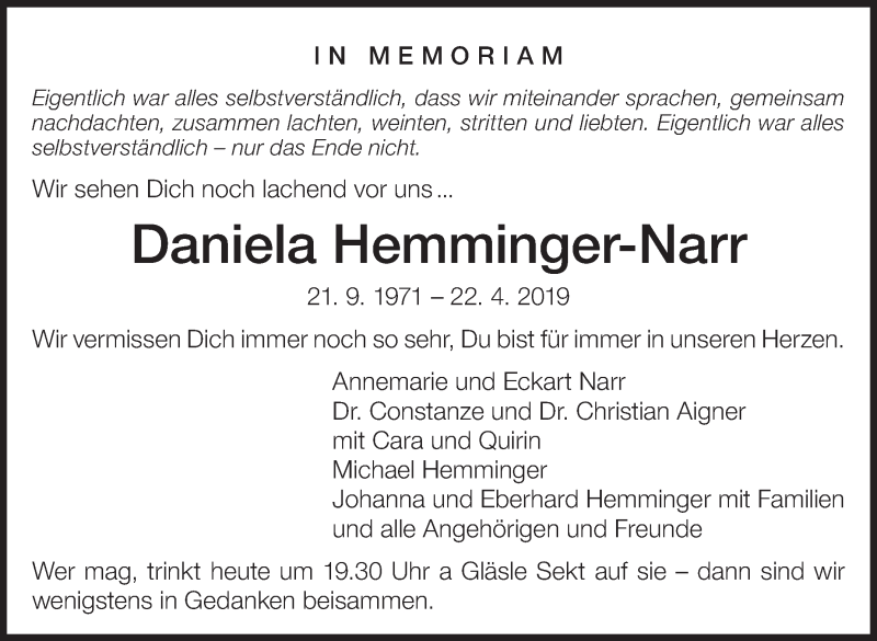  Traueranzeige für Daniela Hemminger-Narr vom 22.04.2020 aus Eßlinger Zeitung/Cannstatter Zeitung