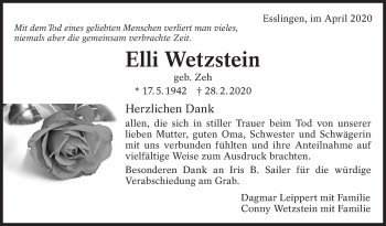 Traueranzeige von Elli Wetzstein von Eßlinger Zeitung/Cannstatter Zeitung
