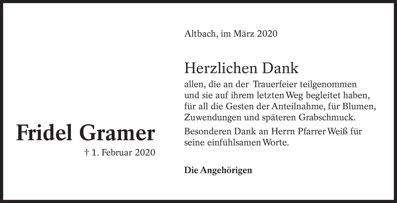  Traueranzeige für Fridel Gramer vom 07.04.2020 aus Eßlinger Zeitung/Cannstatter Zeitung
