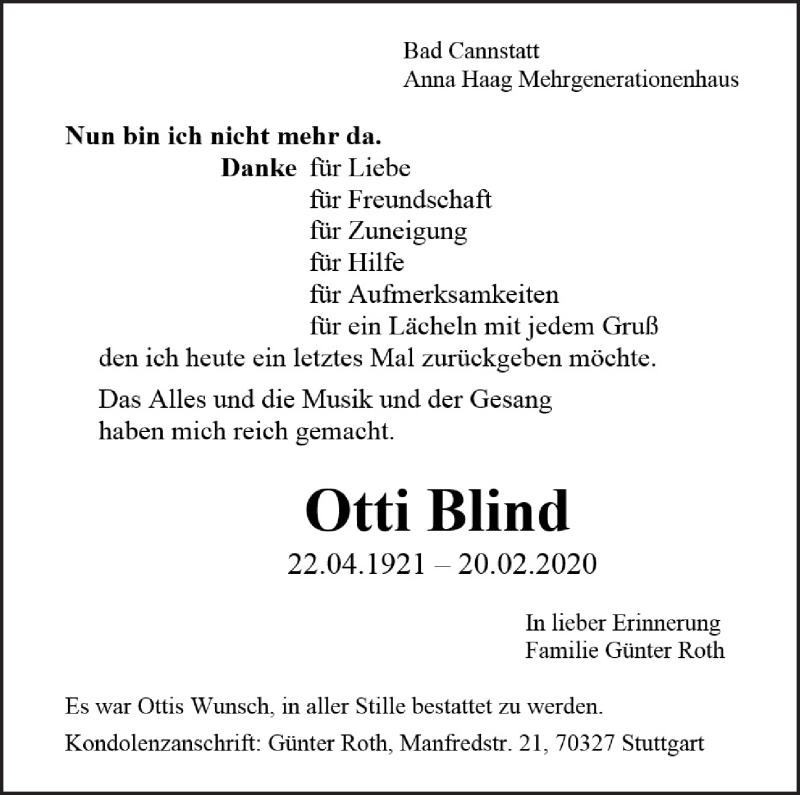  Traueranzeige für Otti Blind vom 18.04.2020 aus Eßlinger Zeitung/Cannstatter Zeitung