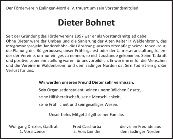 Traueranzeige von Dieter Bohnet von Eßlinger Zeitung/Cannstatter Zeitung