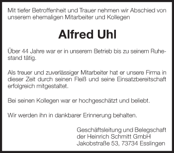 Traueranzeige von Alfred Uhl von Eßlinger Zeitung/Cannstatter Zeitung