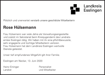 Traueranzeige von Rose Hülsemann von Eßlinger Zeitung/Cannstatter Zeitung
