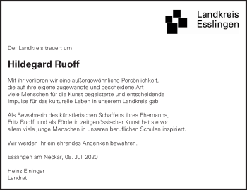 Traueranzeige von Hildegard Ruoff von Eßlinger Zeitung/Cannstatter Zeitung