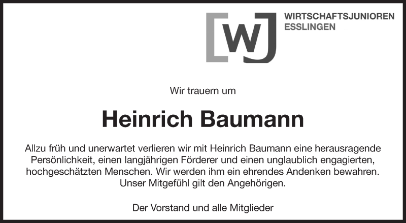  Traueranzeige für Heinrich Baumann vom 25.09.2020 aus Eßlinger Zeitung/Cannstatter Zeitung