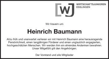 Traueranzeige von Heinrich Baumann von Eßlinger Zeitung/Cannstatter Zeitung