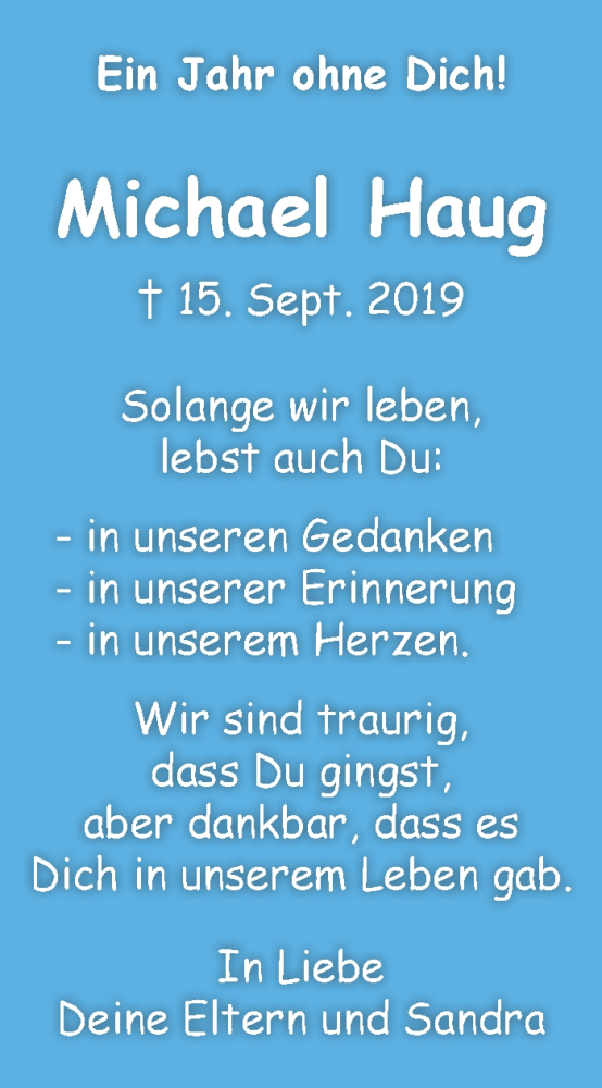  Traueranzeige für Michael Haug vom 15.09.2020 aus Eßlinger Zeitung/Cannstatter Zeitung
