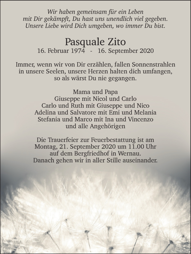  Traueranzeige für Pasquale Zito vom 19.09.2020 aus Eßlinger Zeitung/Cannstatter Zeitung