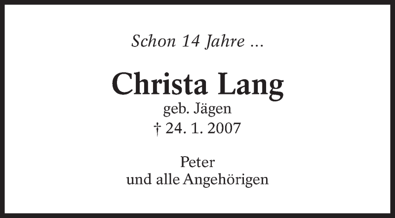  Traueranzeige für Christa Lang vom 23.01.2021 aus Eßlinger Zeitung/Cannstatter Zeitung