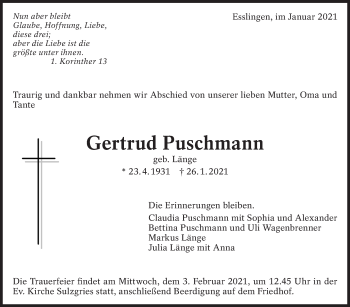 Traueranzeige von Gertrud Puschmann von Eßlinger Zeitung/Cannstatter Zeitung
