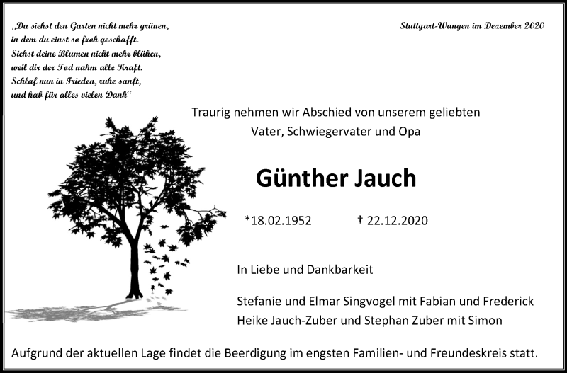  Traueranzeige für Günther Jauch vom 02.01.2021 aus Eßlinger Zeitung/Cannstatter Zeitung