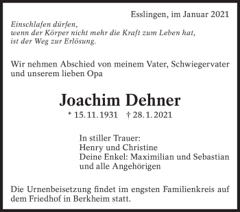 Traueranzeige von Joachim Dehner von Eßlinger Zeitung/Cannstatter Zeitung