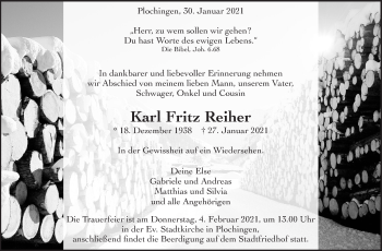 Traueranzeige von Karl Fritz Reiher von Eßlinger Zeitung/Cannstatter Zeitung