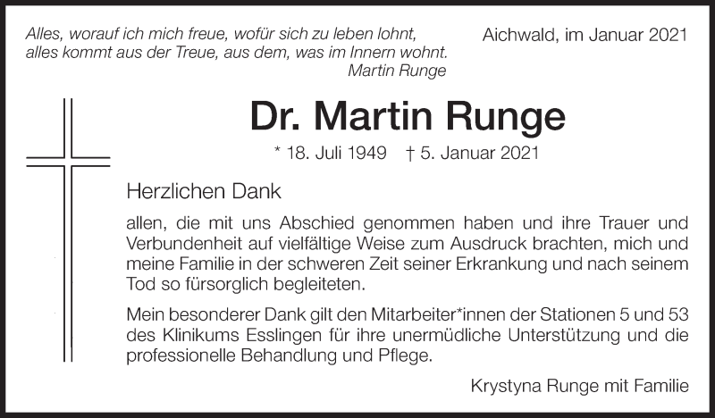  Traueranzeige für Martin Runge vom 30.01.2021 aus Eßlinger Zeitung/Cannstatter Zeitung