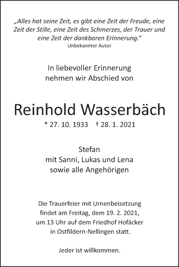 Traueranzeige von Reinhold Wasserbäch von Eßlinger Zeitung/Cannstatter Zeitung