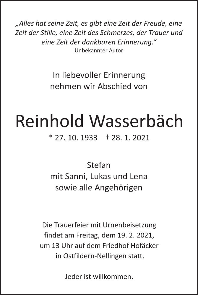  Traueranzeige für Reinhold Wasserbäch vom 30.01.2021 aus Eßlinger Zeitung/Cannstatter Zeitung