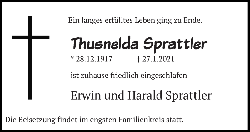  Traueranzeige für Thusnelda Sprattler vom 29.01.2021 aus Eßlinger Zeitung/Cannstatter Zeitung