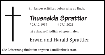 Traueranzeige von Thusnelda Sprattler von Eßlinger Zeitung/Cannstatter Zeitung