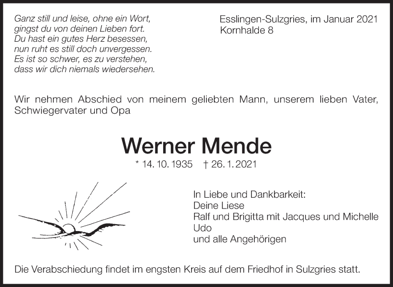  Traueranzeige für Werner Mende vom 30.01.2021 aus Eßlinger Zeitung/Cannstatter Zeitung