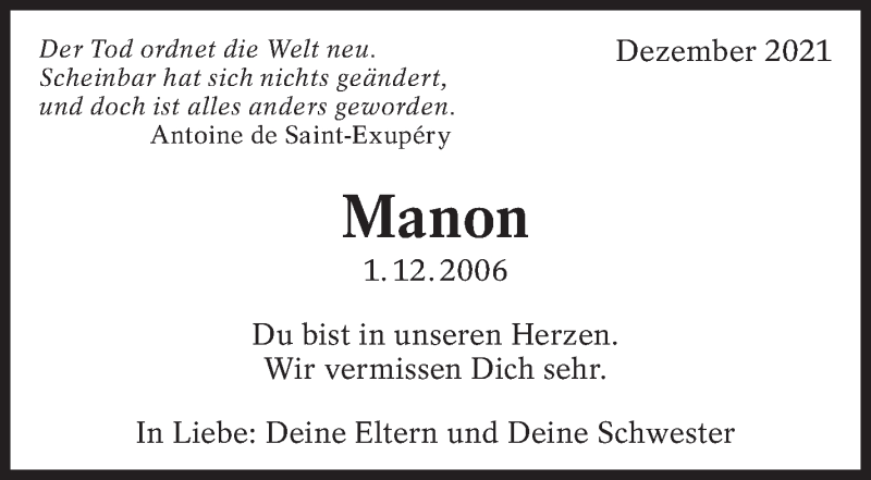 Traueranzeige für Manon  vom 01.12.2021 aus Eßlinger Zeitung/Cannstatter Zeitung