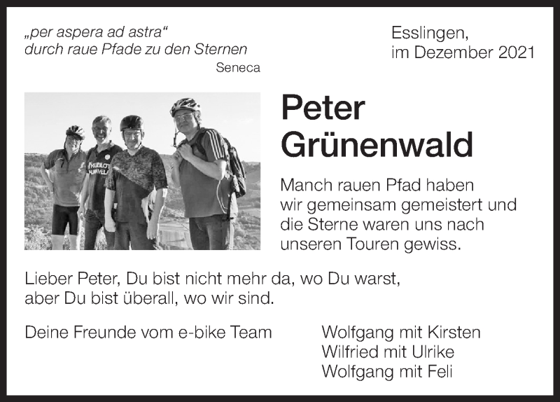  Traueranzeige für Peter Grünenwald vom 31.12.2021 aus Eßlinger Zeitung/Cannstatter Zeitung