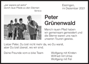 Traueranzeige von Peter Grünenwald von Eßlinger Zeitung/Cannstatter Zeitung