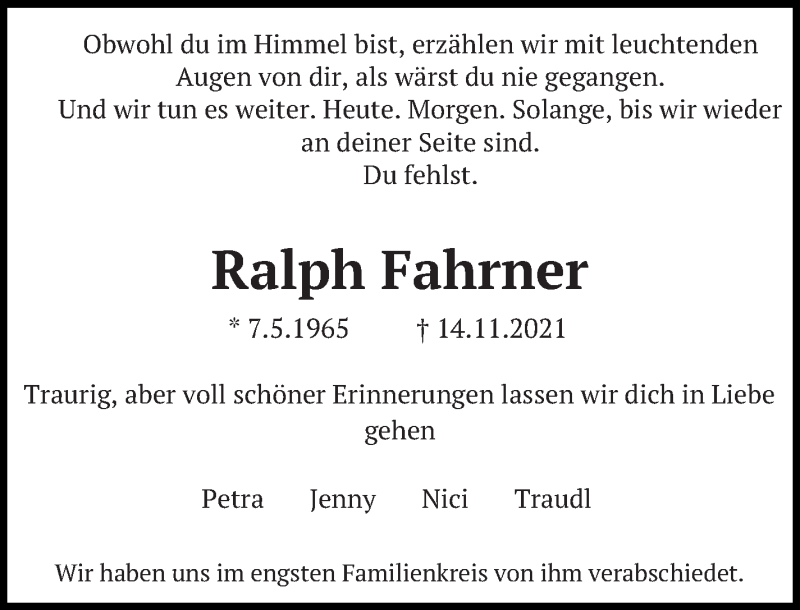  Traueranzeige für Ralph Fahrner vom 20.12.2021 aus Eßlinger Zeitung/Cannstatter Zeitung