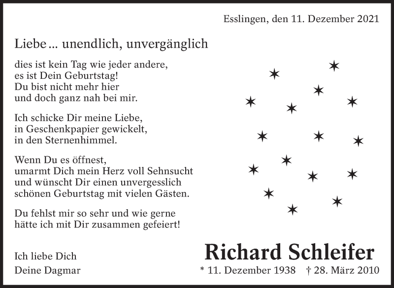  Traueranzeige für Richard Schleifer vom 11.12.2021 aus Eßlinger Zeitung/Cannstatter Zeitung