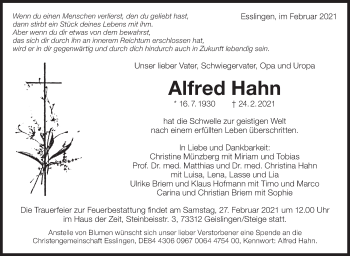 Traueranzeige von Alfred Hahn von Eßlinger Zeitung/Cannstatter Zeitung