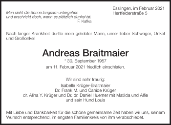 Traueranzeige von Andreas Braitmaier von Eßlinger Zeitung/Cannstatter Zeitung
