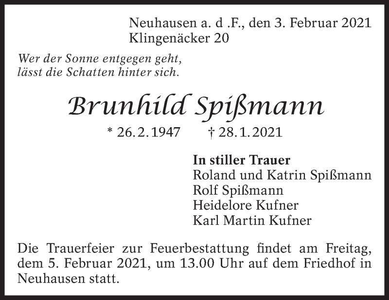  Traueranzeige für Brunhild Spißmann vom 03.02.2021 aus Eßlinger Zeitung/Cannstatter Zeitung