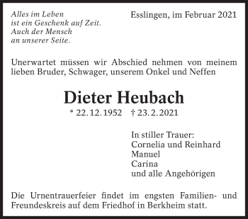 Traueranzeige von Dieter Heubach von Eßlinger Zeitung/Cannstatter Zeitung